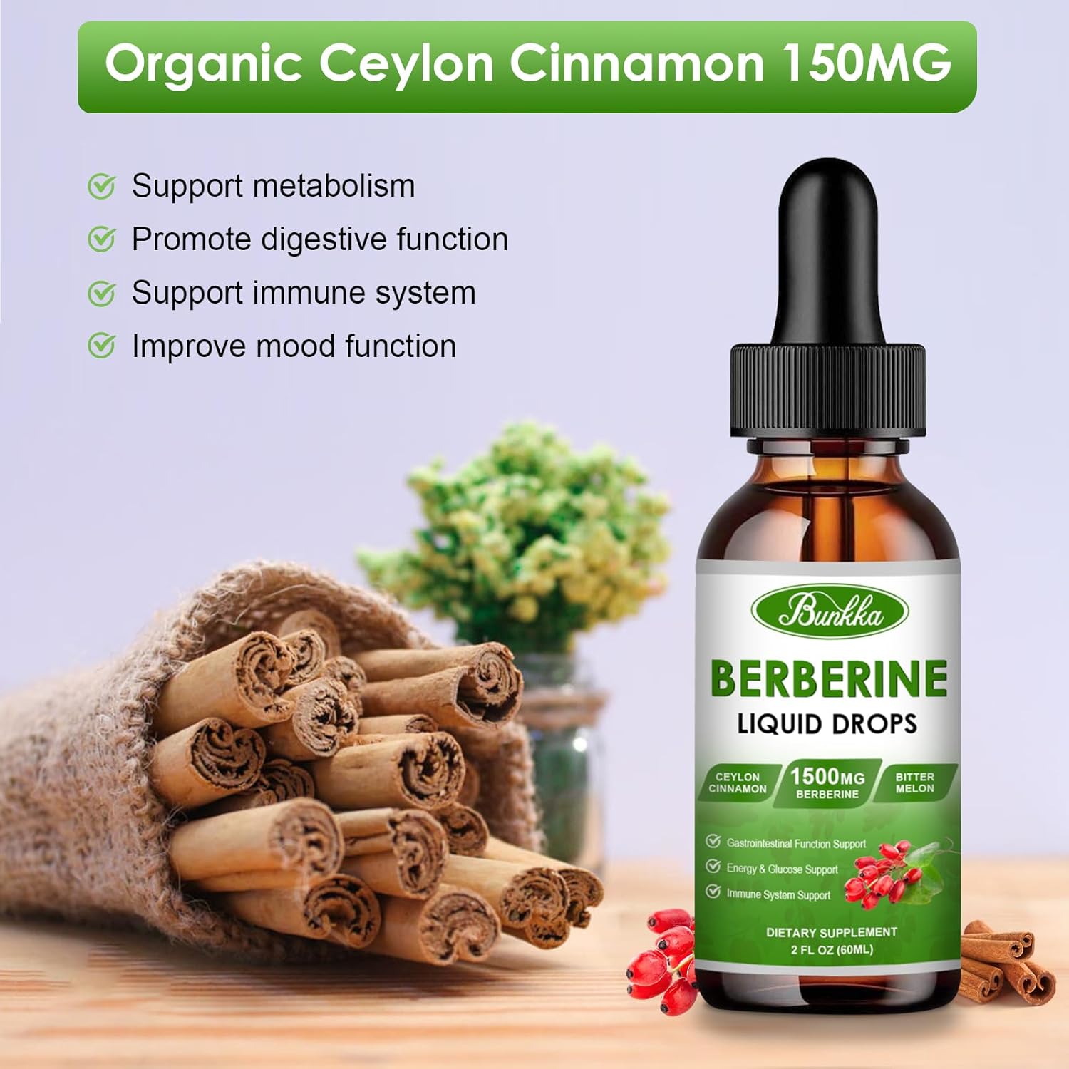 Organic Bunkka Berberine Liquid Drops with Ceylon Cinnamon & Bitter Melon - 1500mg Supplement for Immune & GI Support - Vegan & Sugar-Free - 4 FL Oz