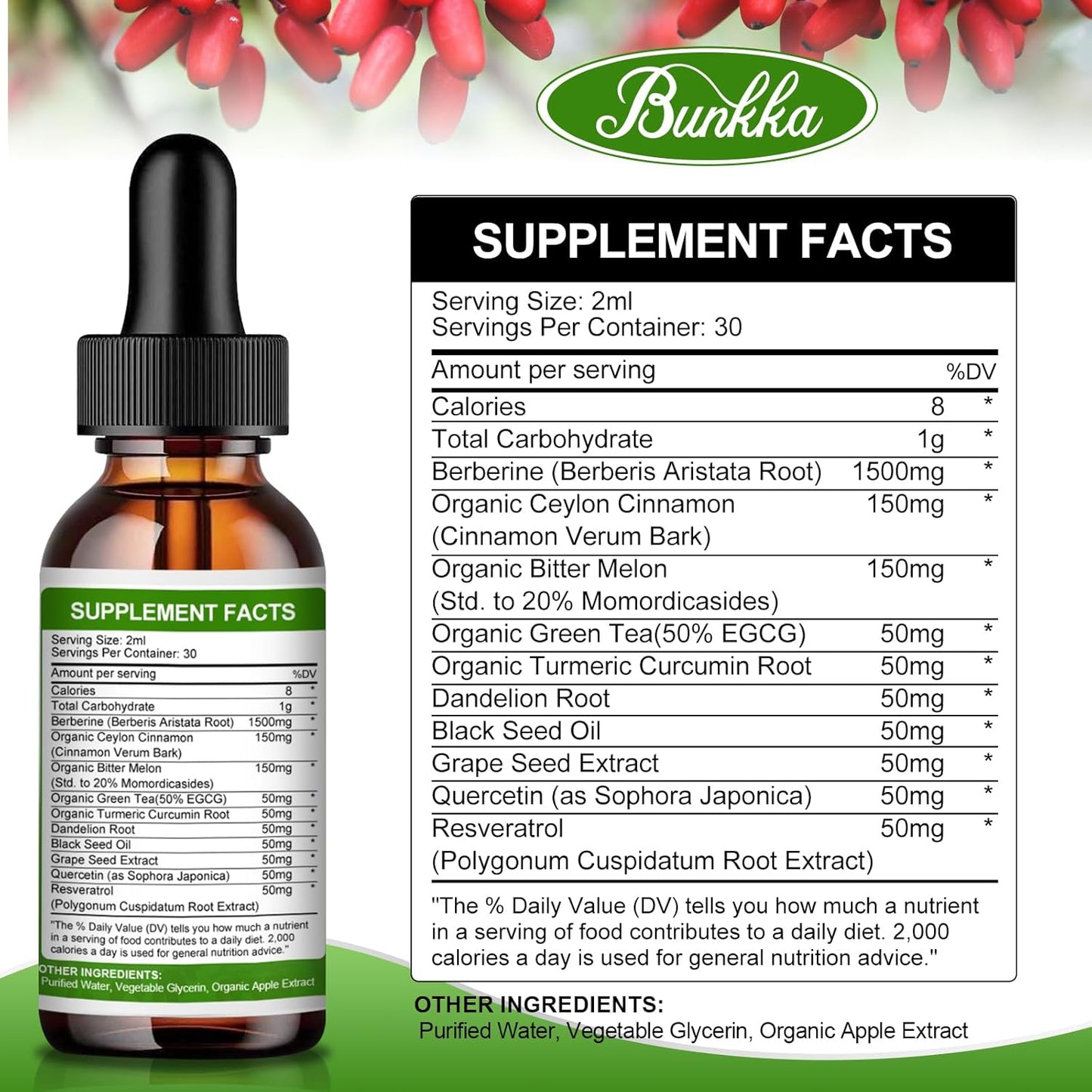 Organic Bunkka Berberine Liquid Drops with Ceylon Cinnamon & Bitter Melon - 1500mg Supplement for Immune & GI Support - Vegan & Sugar-Free - 4 FL Oz