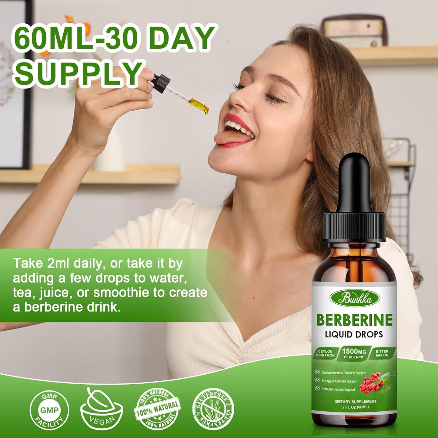 Organic Bunkka Berberine Liquid Drops with Ceylon Cinnamon & Bitter Melon - 1500mg Supplement for Immune & GI Support - Vegan & Sugar-Free - 4 FL Oz