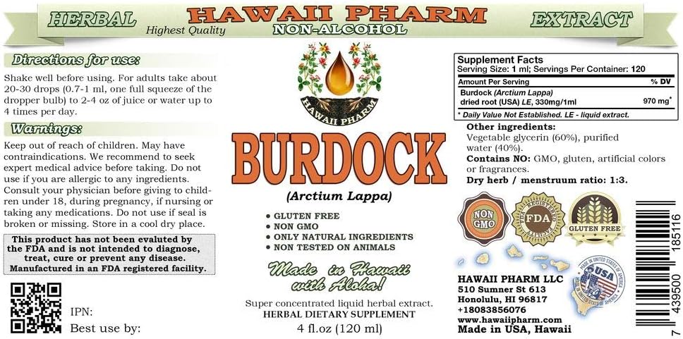 Organic Burdock Alcohol-Free Liquid Extract - Natural Herbal Supplement by Hawaii Pharm, 4 oz