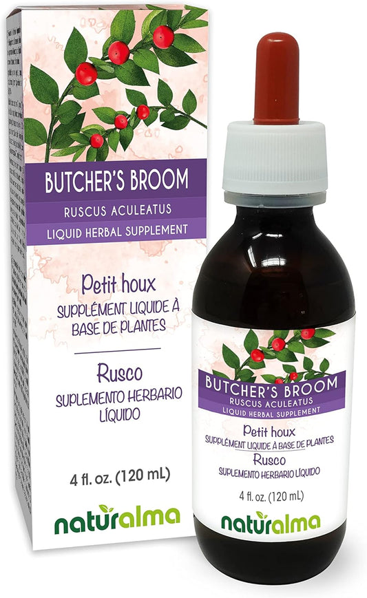 Organic Butcher's Broom Root Alcohol-Free Tincture - 4 fl oz Liquid Extract Drops - Herbal Supplement - Vegan-Friendly