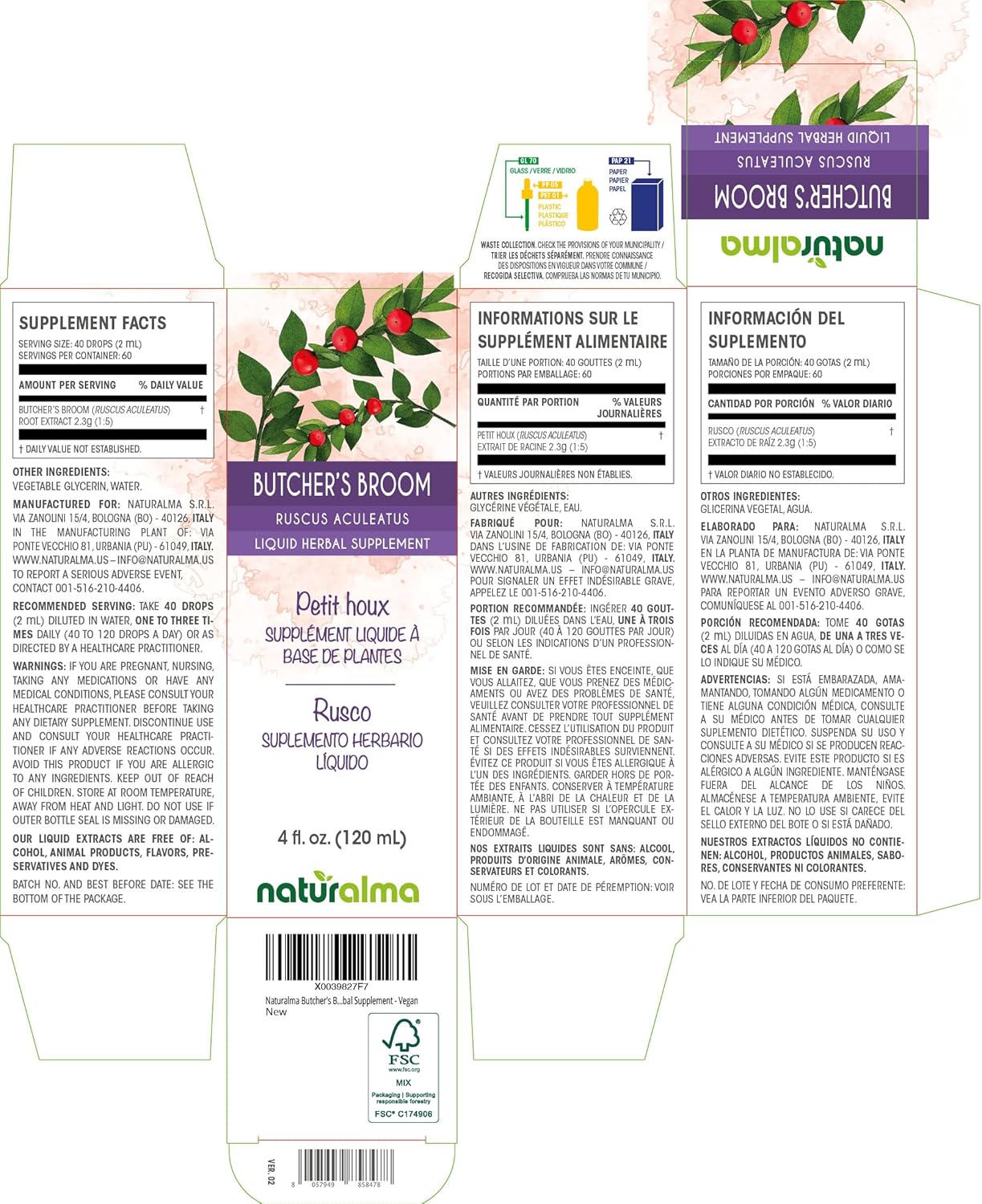 Organic Butcher's Broom Root Alcohol-Free Tincture - 4 fl oz Liquid Extract Drops - Herbal Supplement - Vegan-Friendly