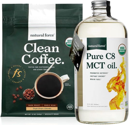 Organic C8 MCT Oil & Dark Roast Coffee Bundle - 100% C8 MCTs, Mold & Mycotoxin Free - Non-GMO, Keto, Paleo, Vegan - 12 Oz & 32 Oz