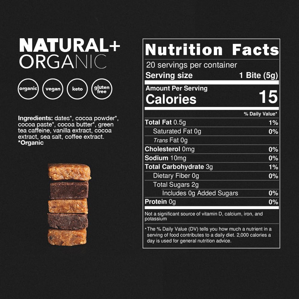 Organic Caffeine Energy Bites: Vegan, Gluten-Free, Keto Snacks with 65mg Caffeine - No Added Sugar - 15 Calorie Chocolate Bites (20 Count)