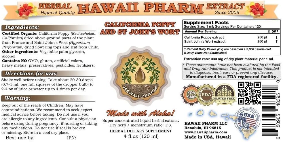 Organic California Poppy and St John's Wort Liquid Extract Tincture Supplement - 4 oz Bottle by Hawaii Pharm