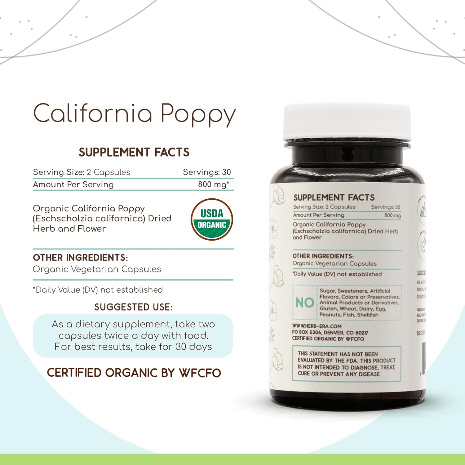 Organic California Poppy Capsules - 800mg, 60 Count - HerbEra Herbal Supplement