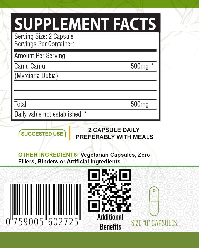 Organic Camu Camu Capsules - 500mg (60 Count) by NutreeVit - Pure Superfood Supplement