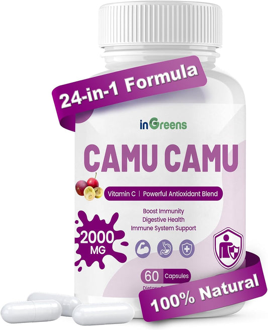 Organic Camu Camu Capsules 2000mg | High Vitamin C & Antioxidants | 60 Capsules, Non-GMO, Gluten-Free | Immune Support & Skin Health