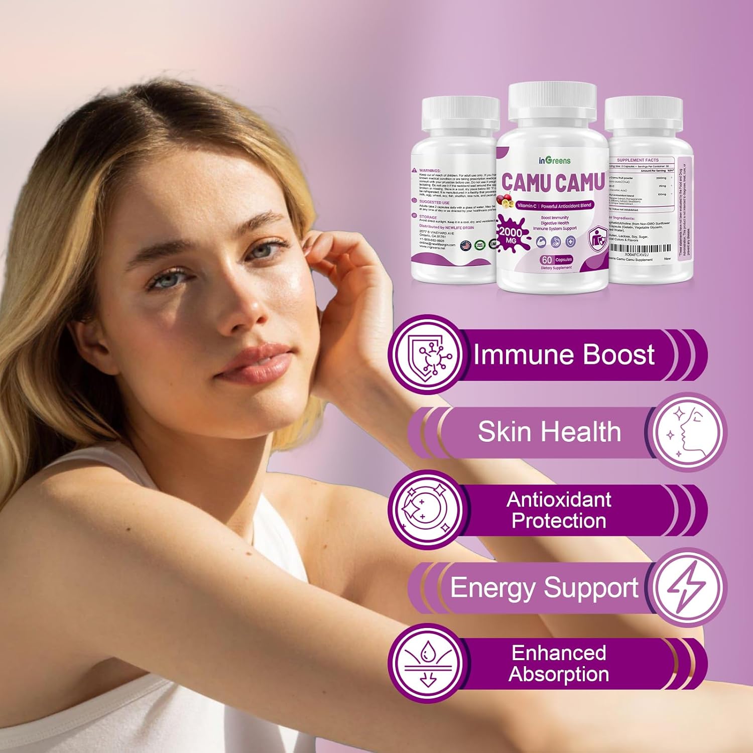 Organic Camu Camu Capsules 2000mg | High Vitamin C & Antioxidants | 60 Capsules, Non-GMO, Gluten-Free | Immune Support & Skin Health