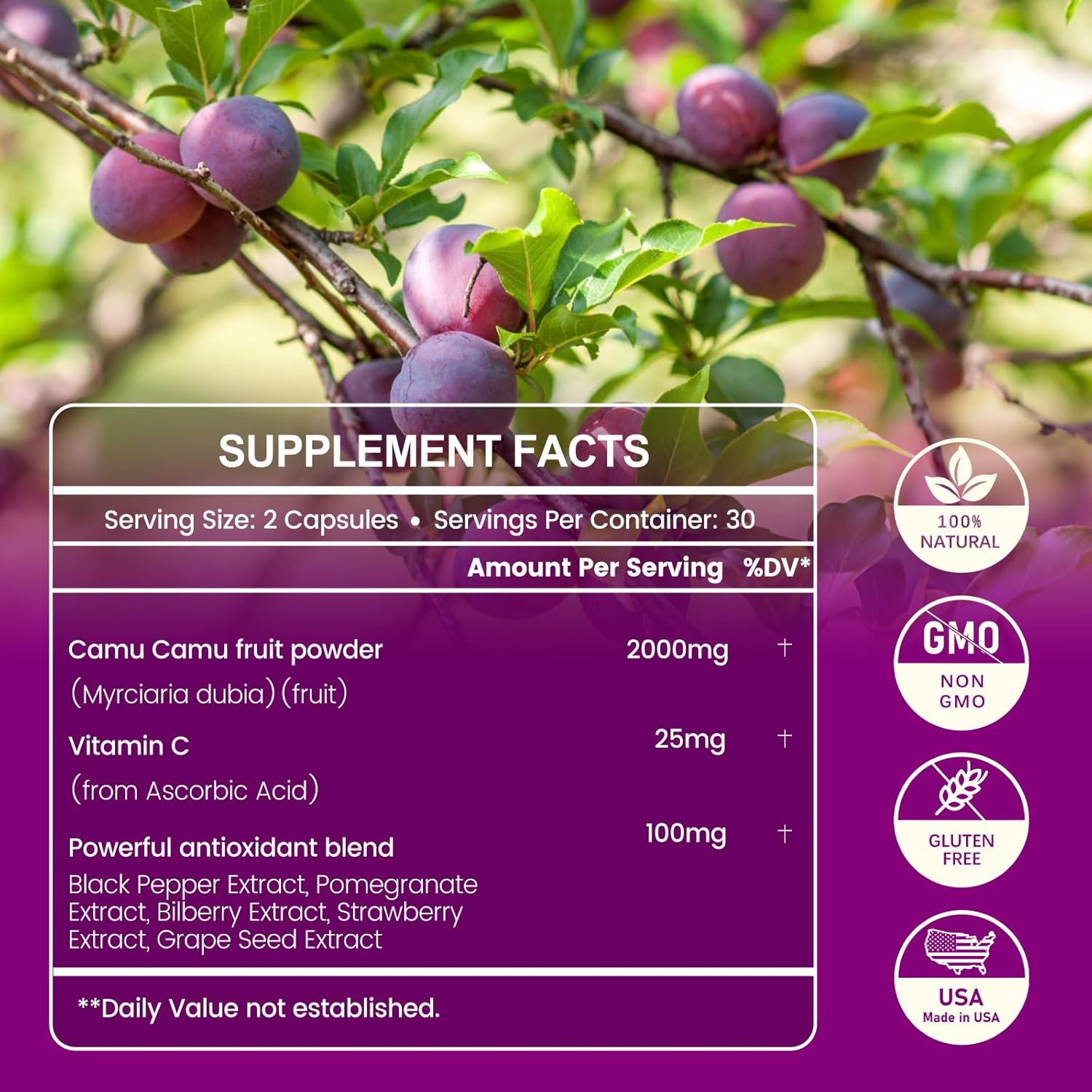 Organic Camu Camu Capsules 2000mg | High Vitamin C & Antioxidants | 60 Capsules, Non-GMO, Gluten-Free | Immune Support & Skin Health