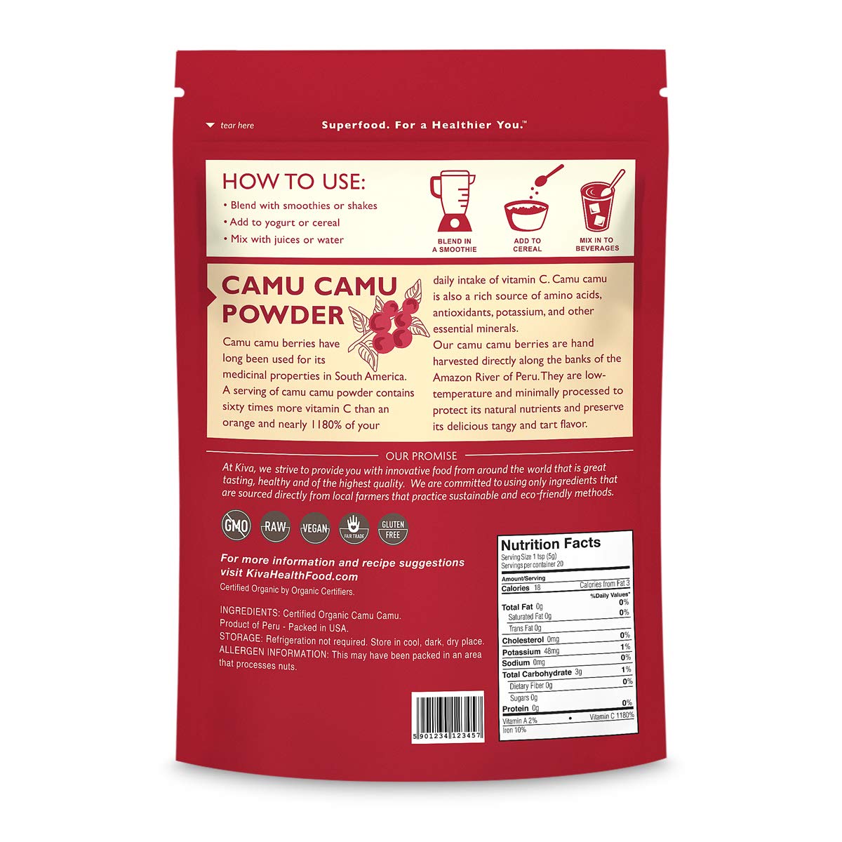 Organic Camu Camu Powder - High Vitamin C Content - Non-GMO, Raw, Vegan - 3.5 oz Bag