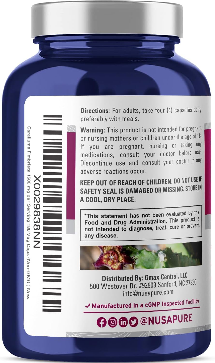 Organic Caralluma Fimbriata 1600mg - 180 Veg Capsules (Non-GMO, Vegan) by NusaPure