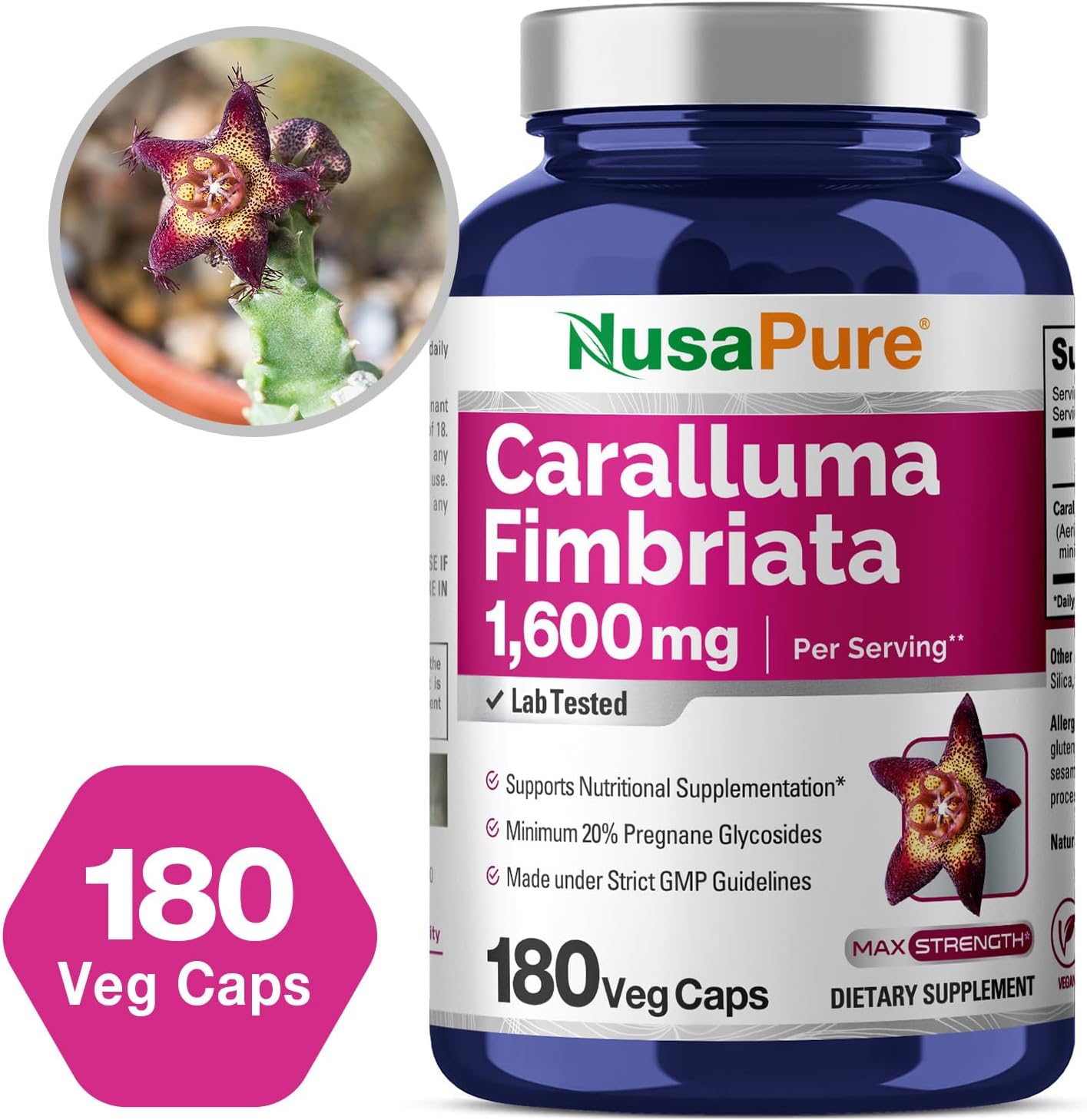 Organic Caralluma Fimbriata 1600mg - 180 Veg Capsules (Non-GMO, Vegan) by NusaPure