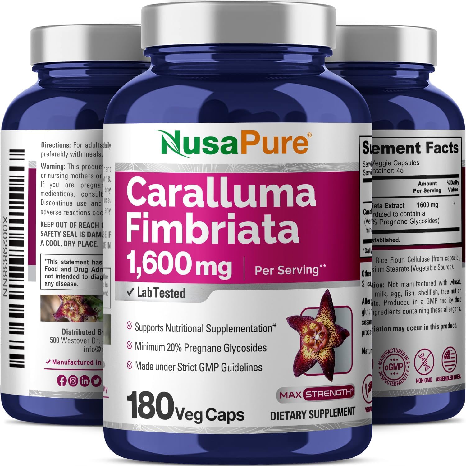 Organic Caralluma Fimbriata 1600mg - 180 Veg Capsules (Non-GMO, Vegan) by NusaPure