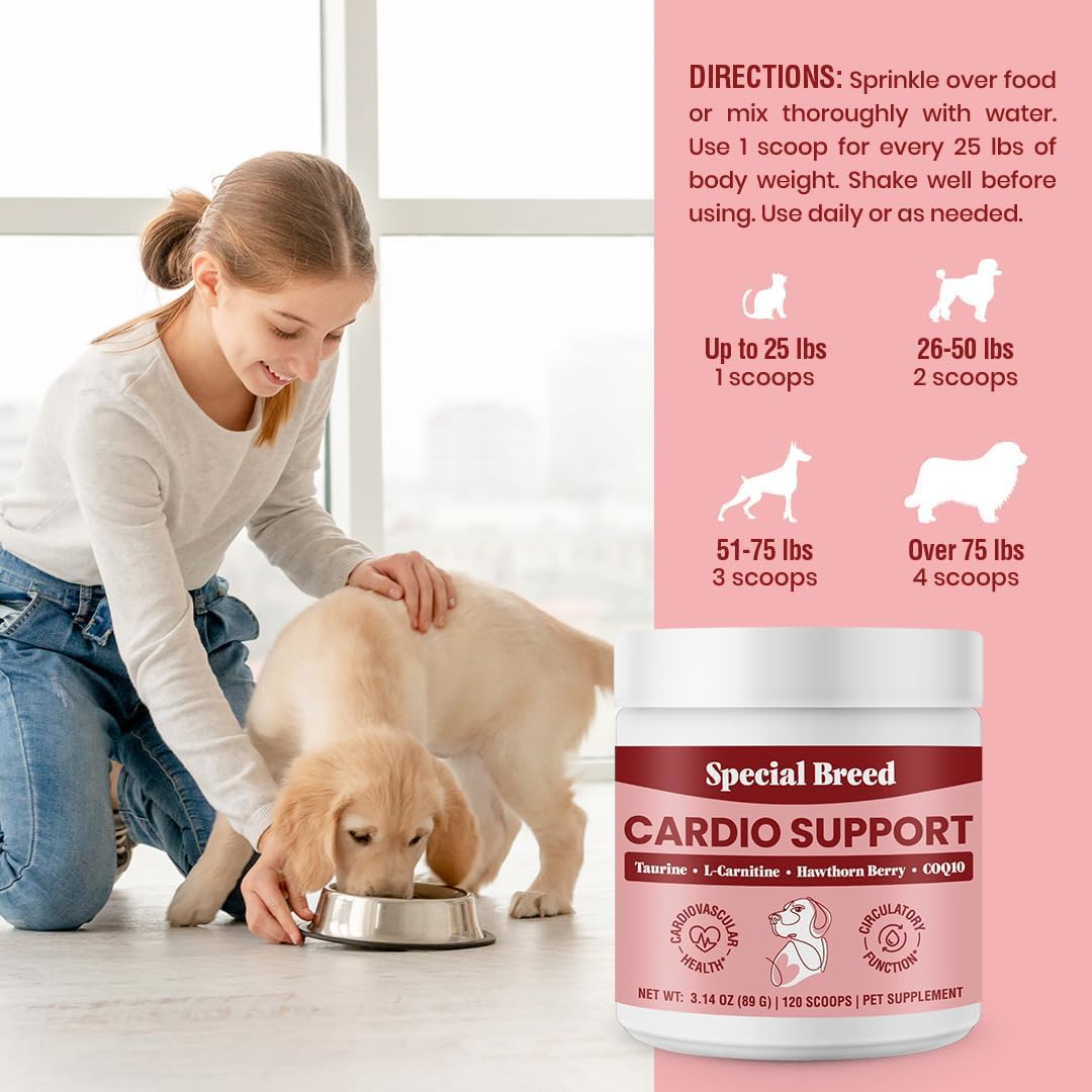 Organic Cardio Support Powder Supplement for Dogs - Heart Health with Taurine & CoQ10, 120 Scoops