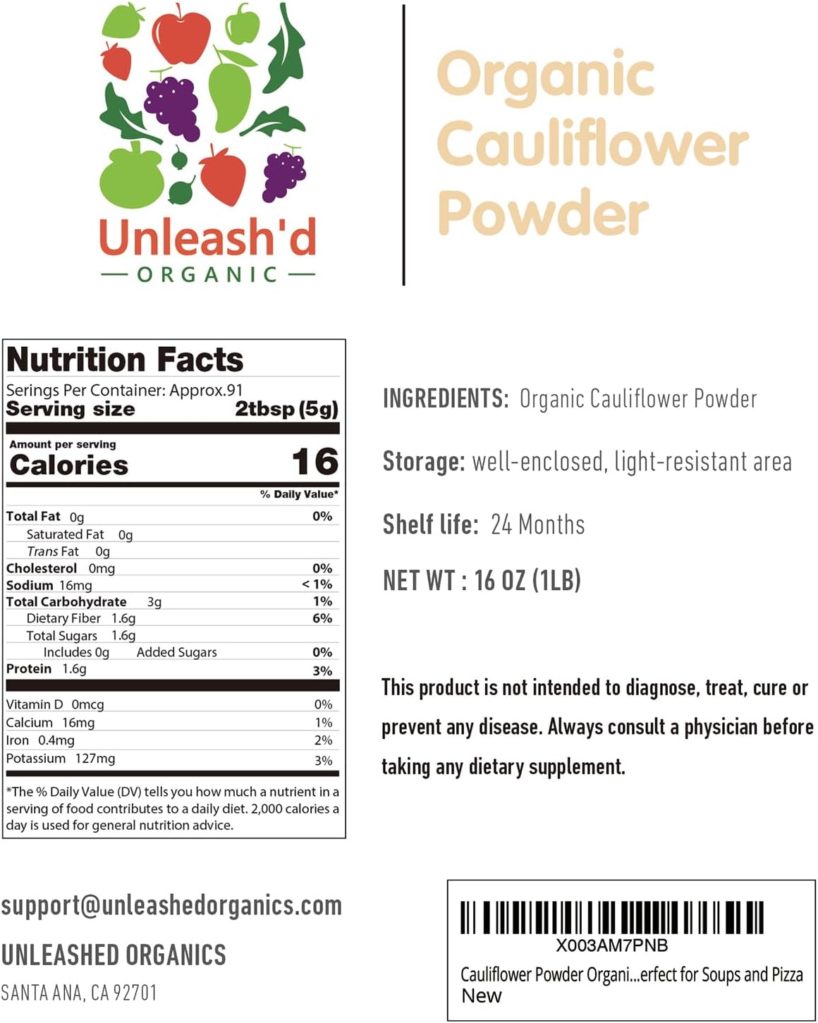 Organic Cauliflower Powder 16 oz - Pure Green Food Supplement for Physical Health and Wellness