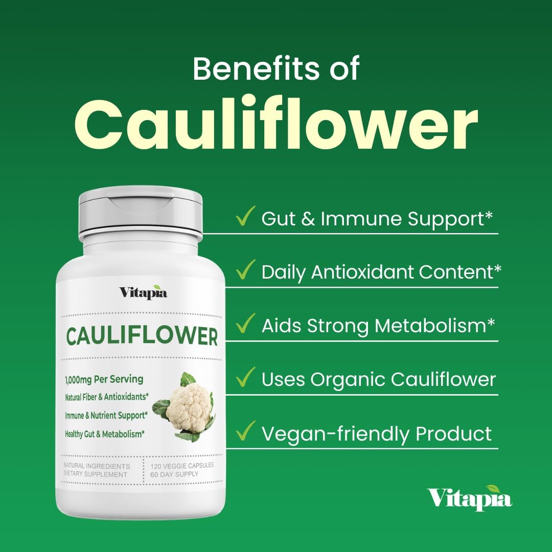 Organic Cauliflower Superfood Veggies Powder Supplement - Natural Vitamins, Minerals, Antioxidants - 120 Capsules, Non-GMO, Gluten-Free