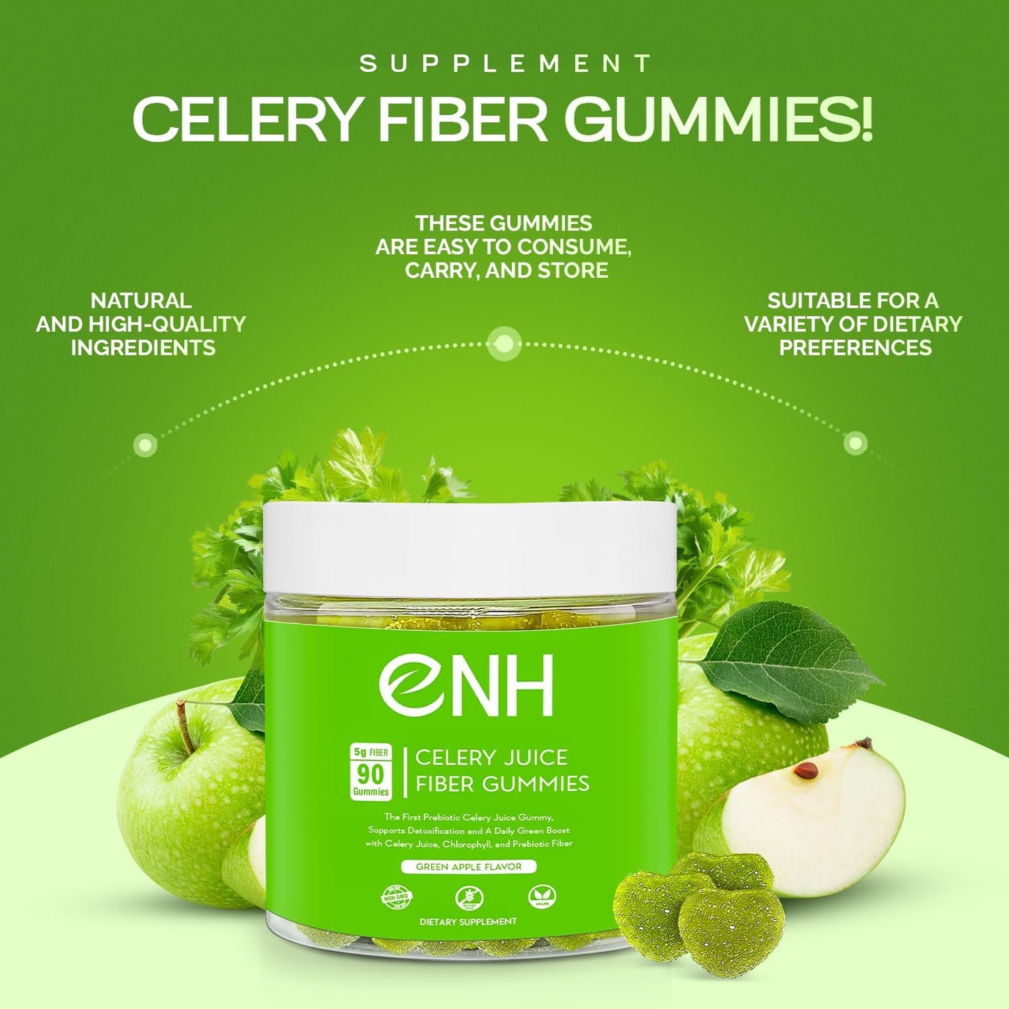 Organic Celery Juice Fiber Gummies - Daily Detox & Wellness Boost with Prebiotic Fiber & Chlorophyll (90 Count)