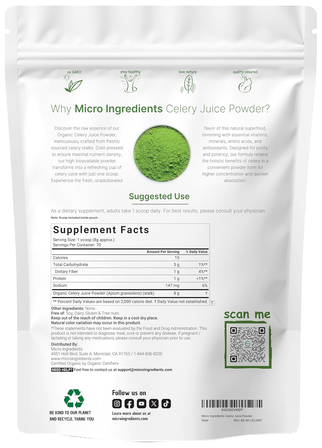 Organic Celery Juice Powder - 20oz (1.25lb) - Detox, Immune Boost, Gut Health - Vegan - Rich in Vitamin C & Minerals