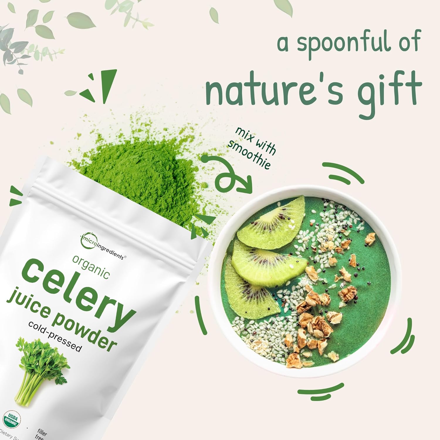 Organic Celery Juice Powder - 20oz (1.25lb) - Detox, Immune Boost, Gut Health - Vegan - Rich in Vitamin C & Minerals