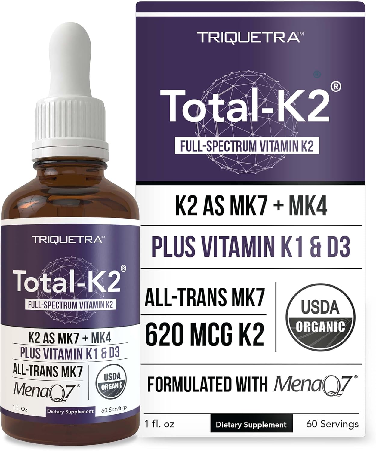 Organic Certified Vitamin K2 Supplement with Vitamin D3 Cofactor - All-Trans MK7 & MK4 - 620 mcg K2 per Serving - Vegan Liquid Formula - 1 oz