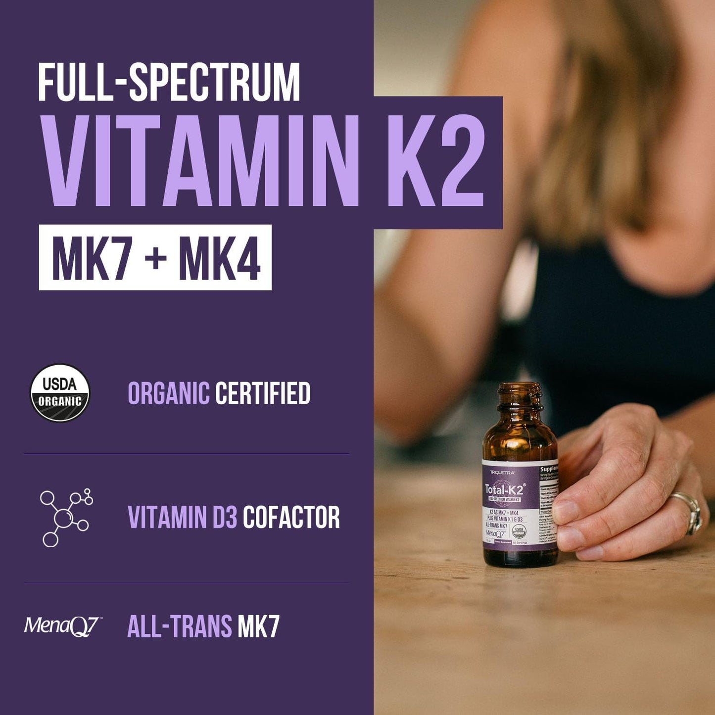 Organic Certified Vitamin K2 Supplement with Vitamin D3 Cofactor - All-Trans MK7 & MK4 - 620 mcg K2 per Serving - Vegan Liquid Formula - 1 oz