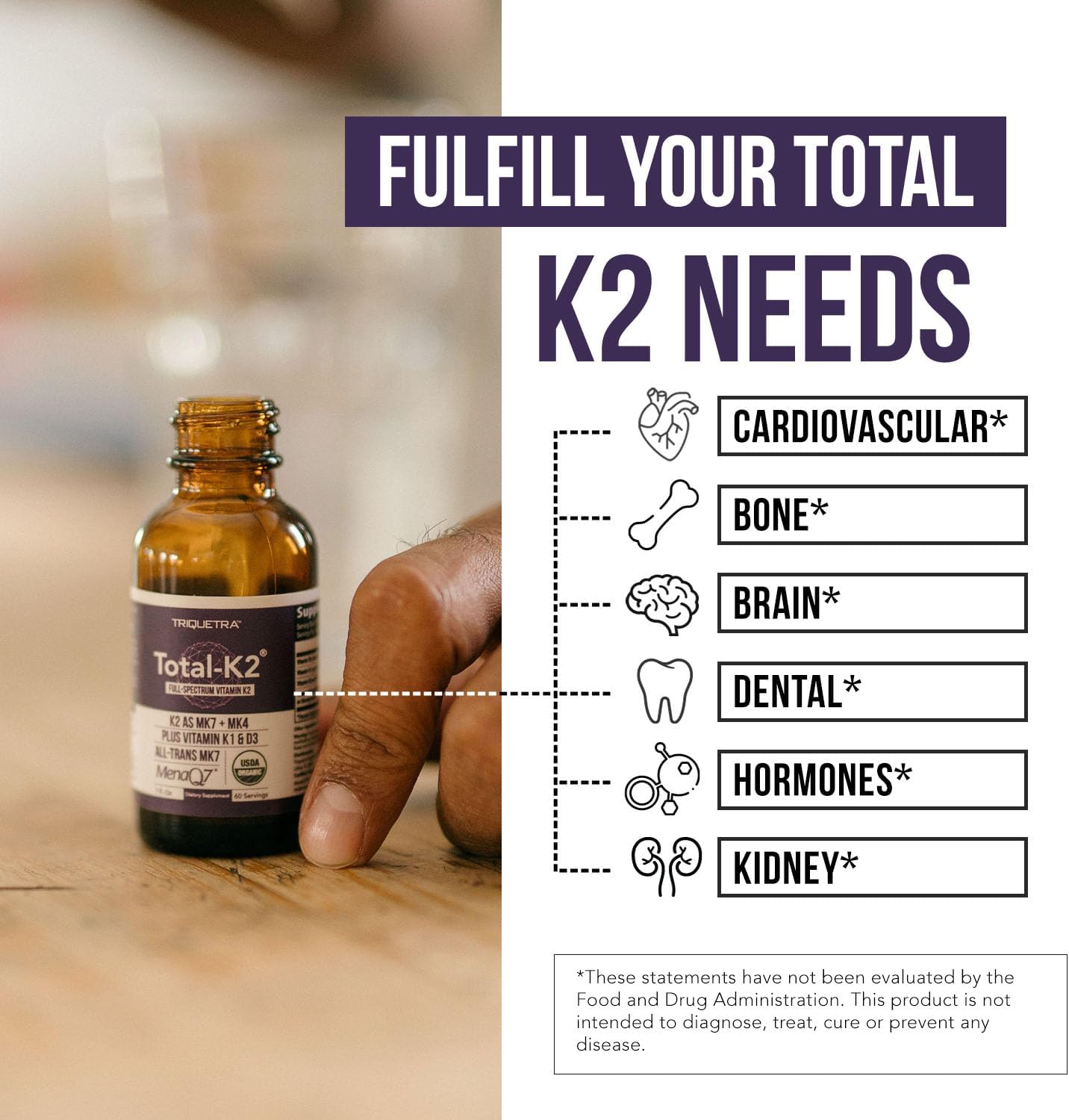 Organic Certified Vitamin K2 Supplement with Vitamin D3 Cofactor - All-Trans MK7 & MK4 - 620 mcg K2 per Serving - Vegan Liquid Formula - 1 oz