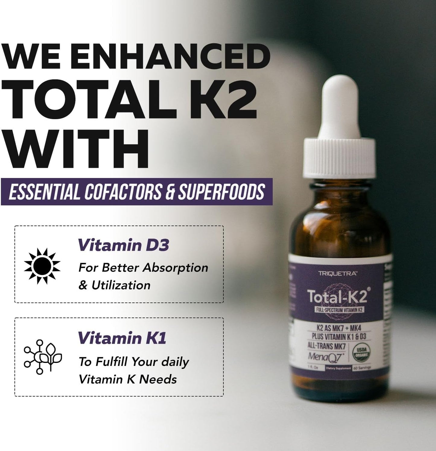 Organic Certified Vitamin K2 Supplement with Vitamin D3 Cofactor - All-Trans MK7 & MK4 - 620 mcg K2 per Serving - Vegan Liquid Formula - 1 oz