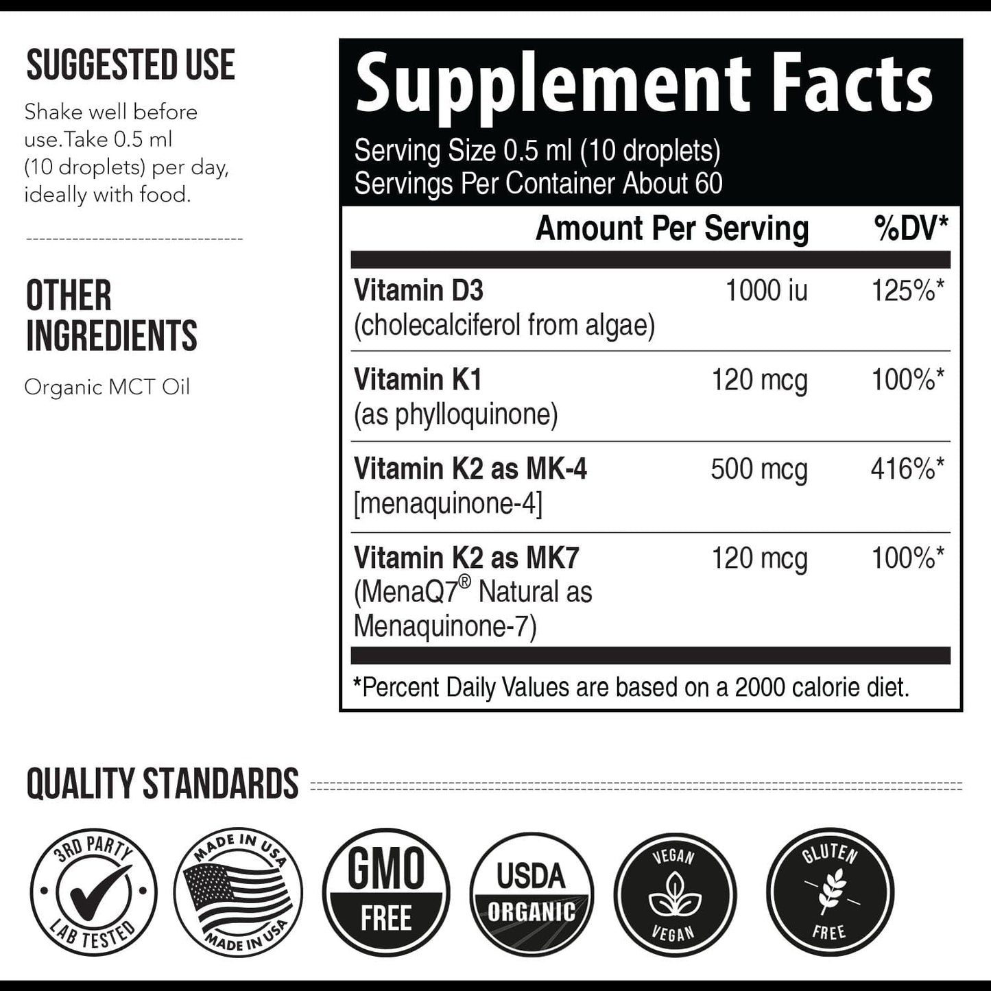 Organic Certified Vitamin K2 Supplement with Vitamin D3 Cofactor - All-Trans MK7 & MK4 - 620 mcg K2 per Serving - Vegan Liquid Formula - 1 oz