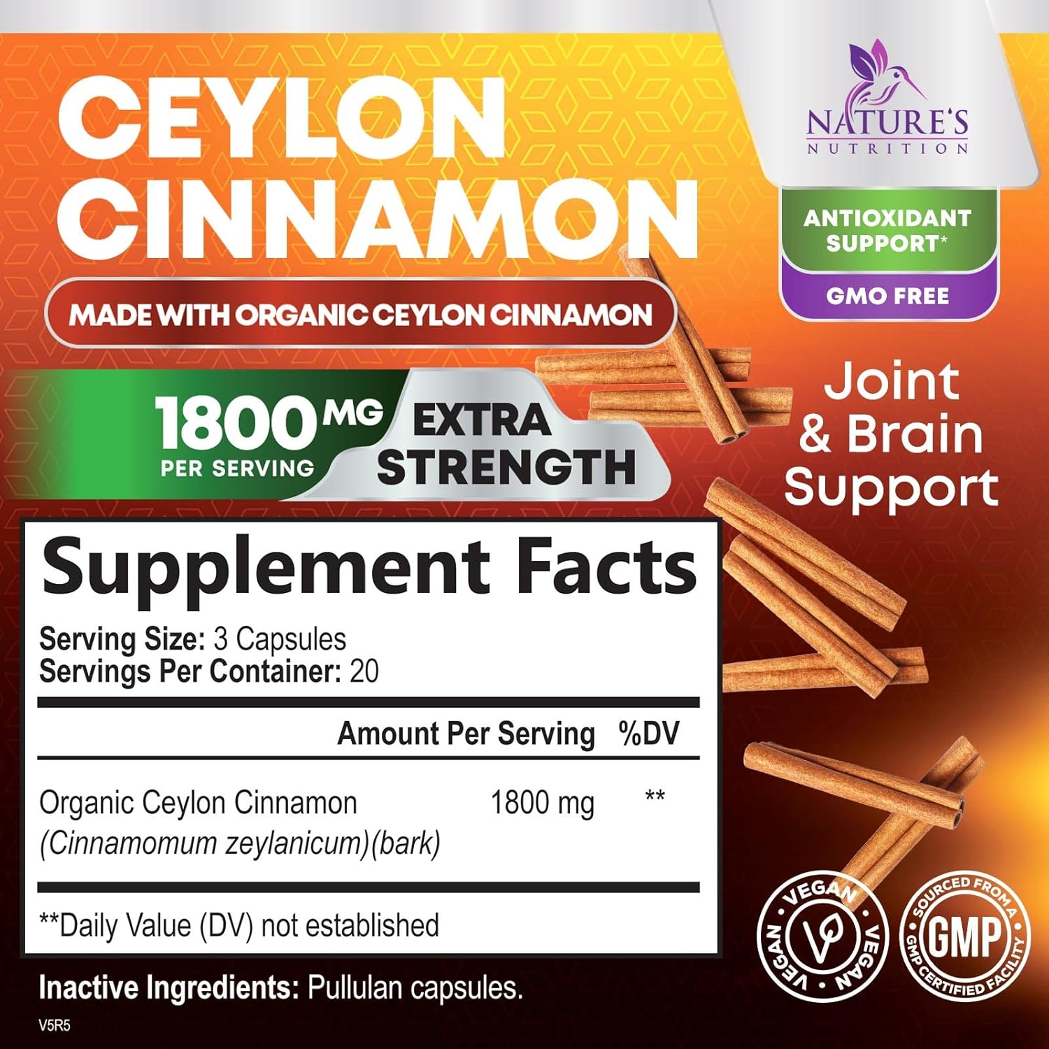 Organic Ceylon Cinnamon Capsules - Non-GMO, Gluten-Free, Dairy-Free Supplement - 60 Pills