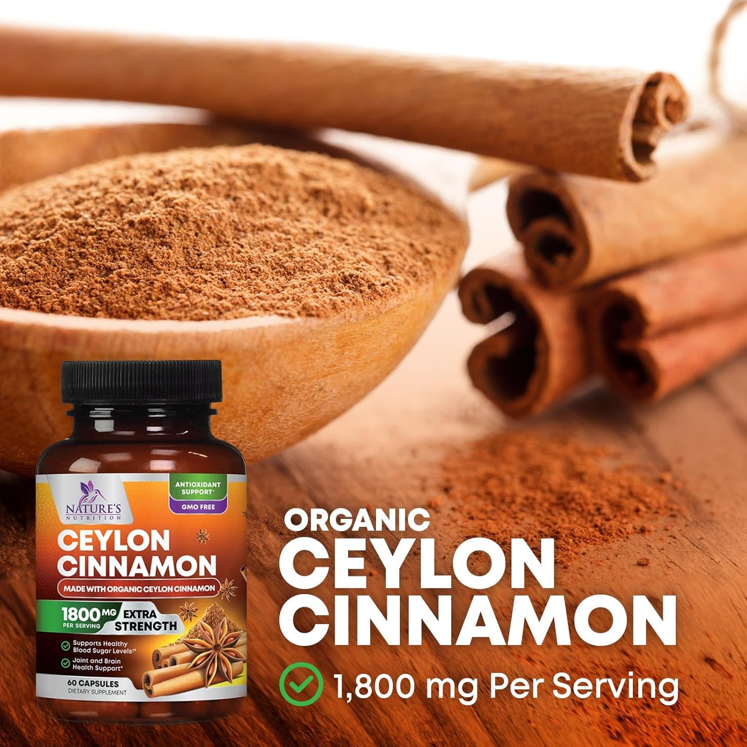 Organic Ceylon Cinnamon Capsules - Non-GMO, Gluten-Free, Dairy-Free Supplement - 60 Pills