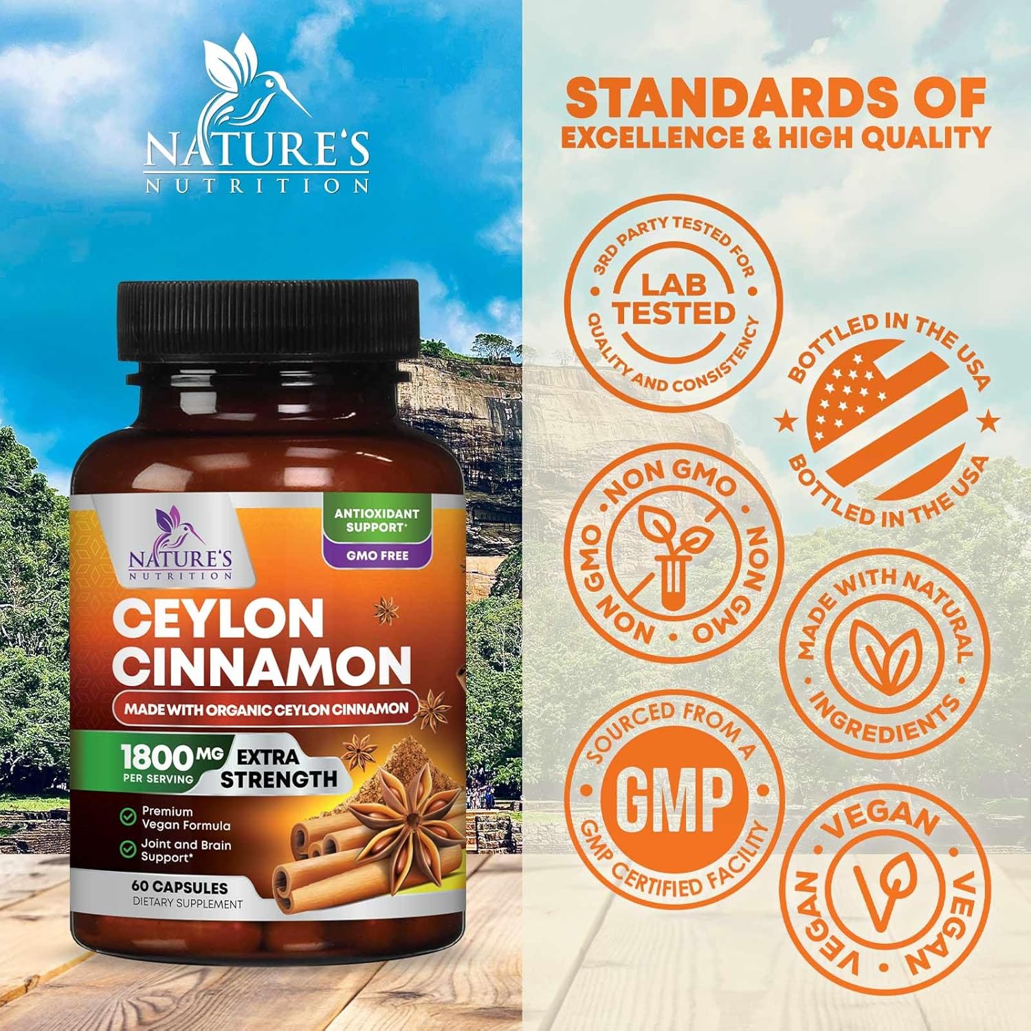 Organic Ceylon Cinnamon Capsules - Non-GMO, Gluten-Free, Dairy-Free Supplement - 60 Pills