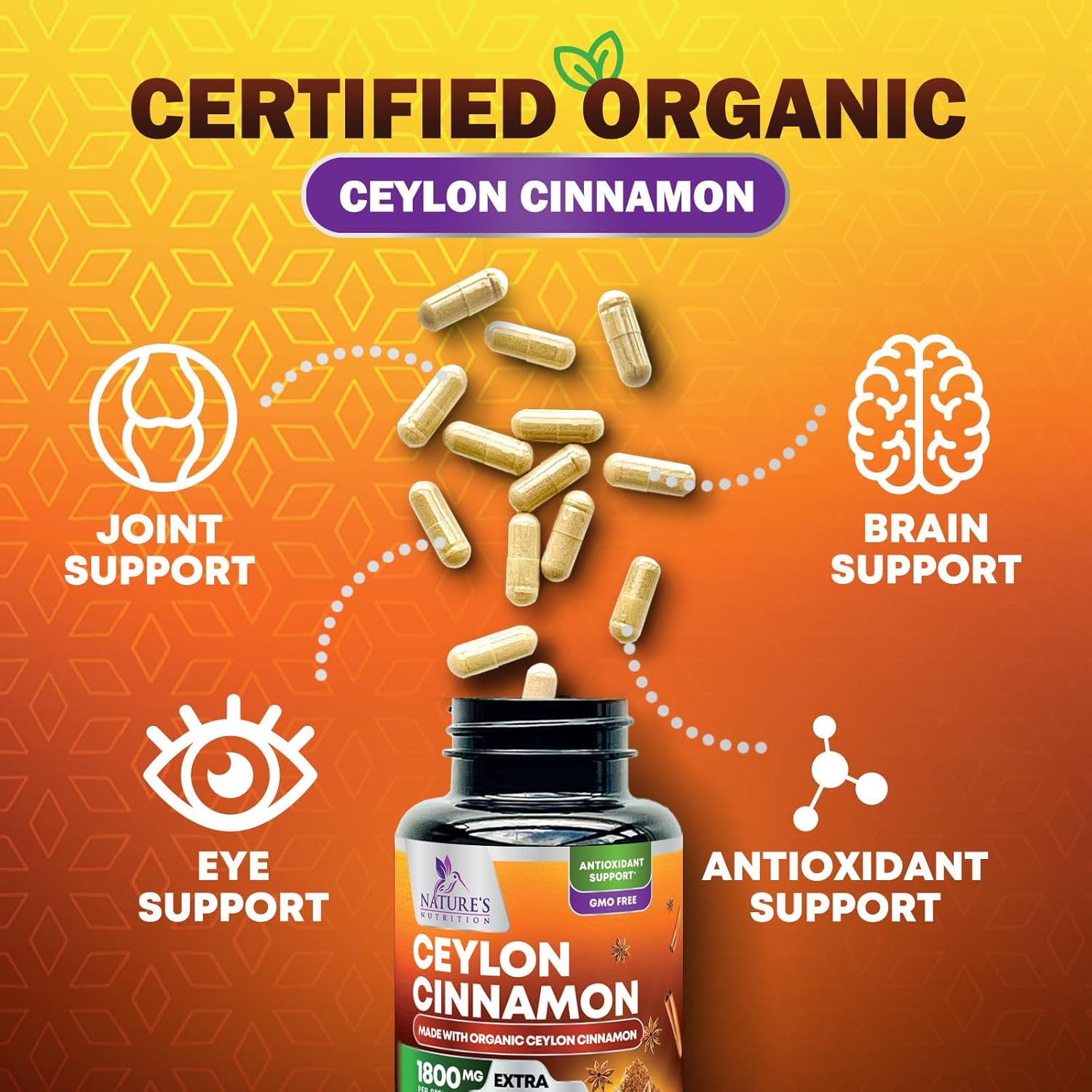 Organic Ceylon Cinnamon Capsules - Non-GMO, Gluten-Free, Dairy-Free Supplement - 60 Pills