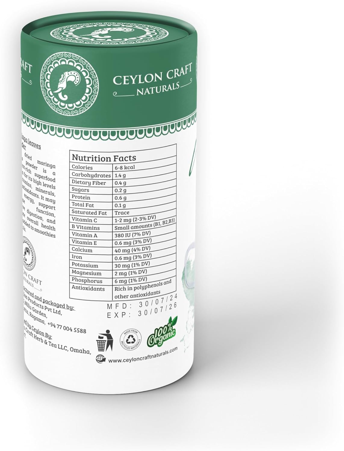 Organic Ceylon Craft Naturals Moringa Leaves Powder - 100% Pure & Natural Sri Lanka Superfood Tea/Herb - 30g