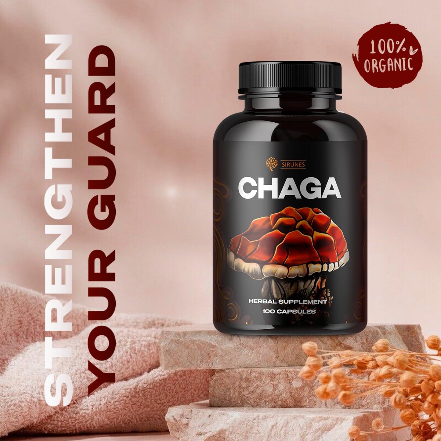 Organic Chaga Mushroom Capsules - 100 Count, 1000mg Natural Antioxidant Immune Support Supplement