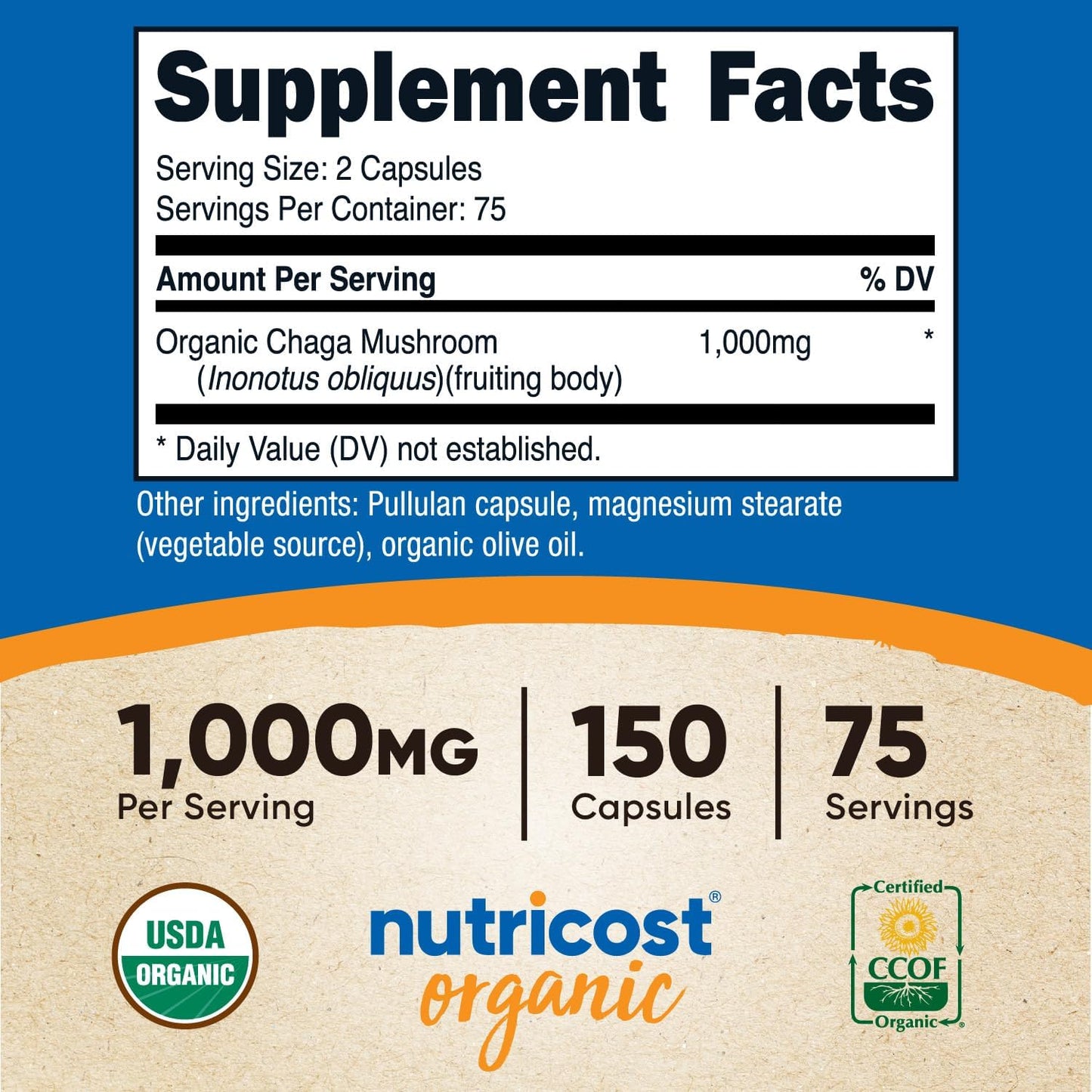 Organic Chaga Mushroom Capsules 1000mg - CCOF Certified, Vegetarian, Gluten Free - 75 Servings, 150 Capsules - BoostGo Australia