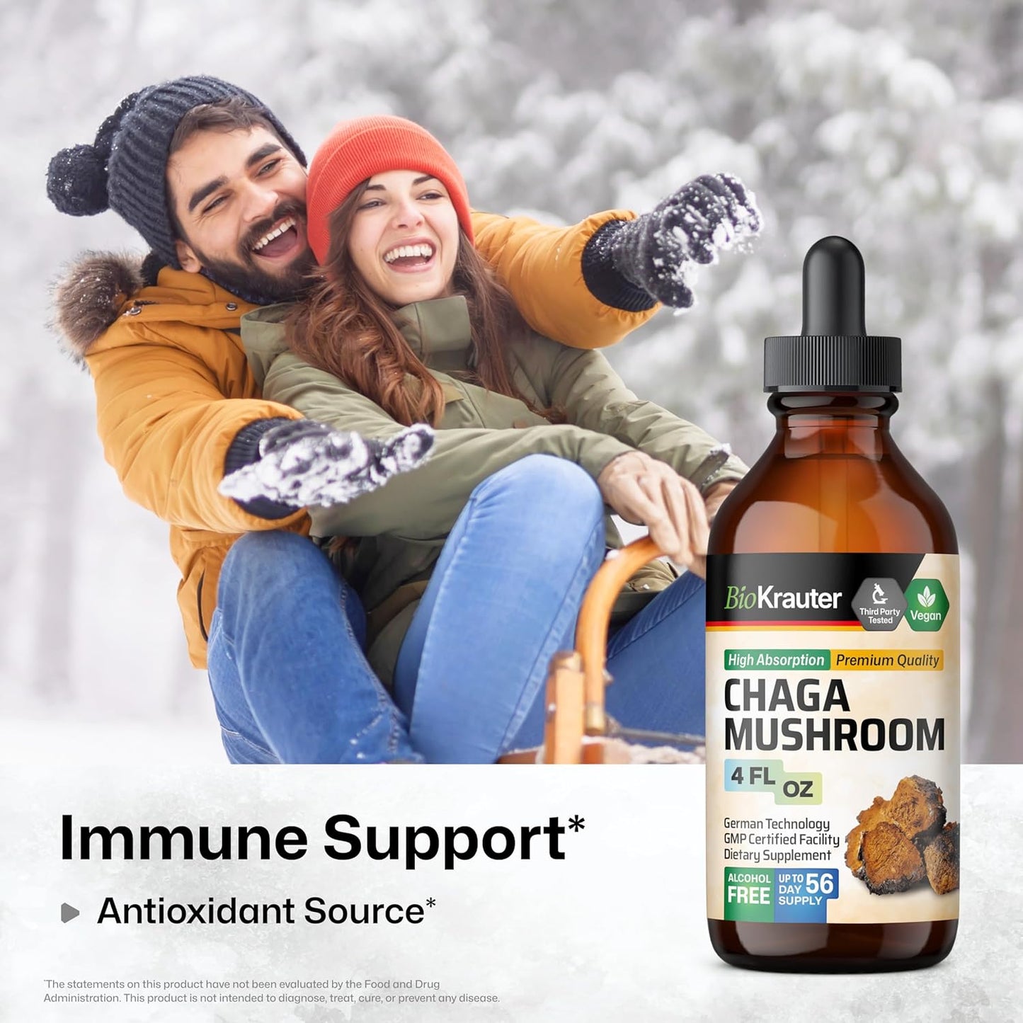 Organic Chaga Mushroom Extract Tincture - Immune Support Drops - Vegan & Sugar Free - 4 Fl.Oz.