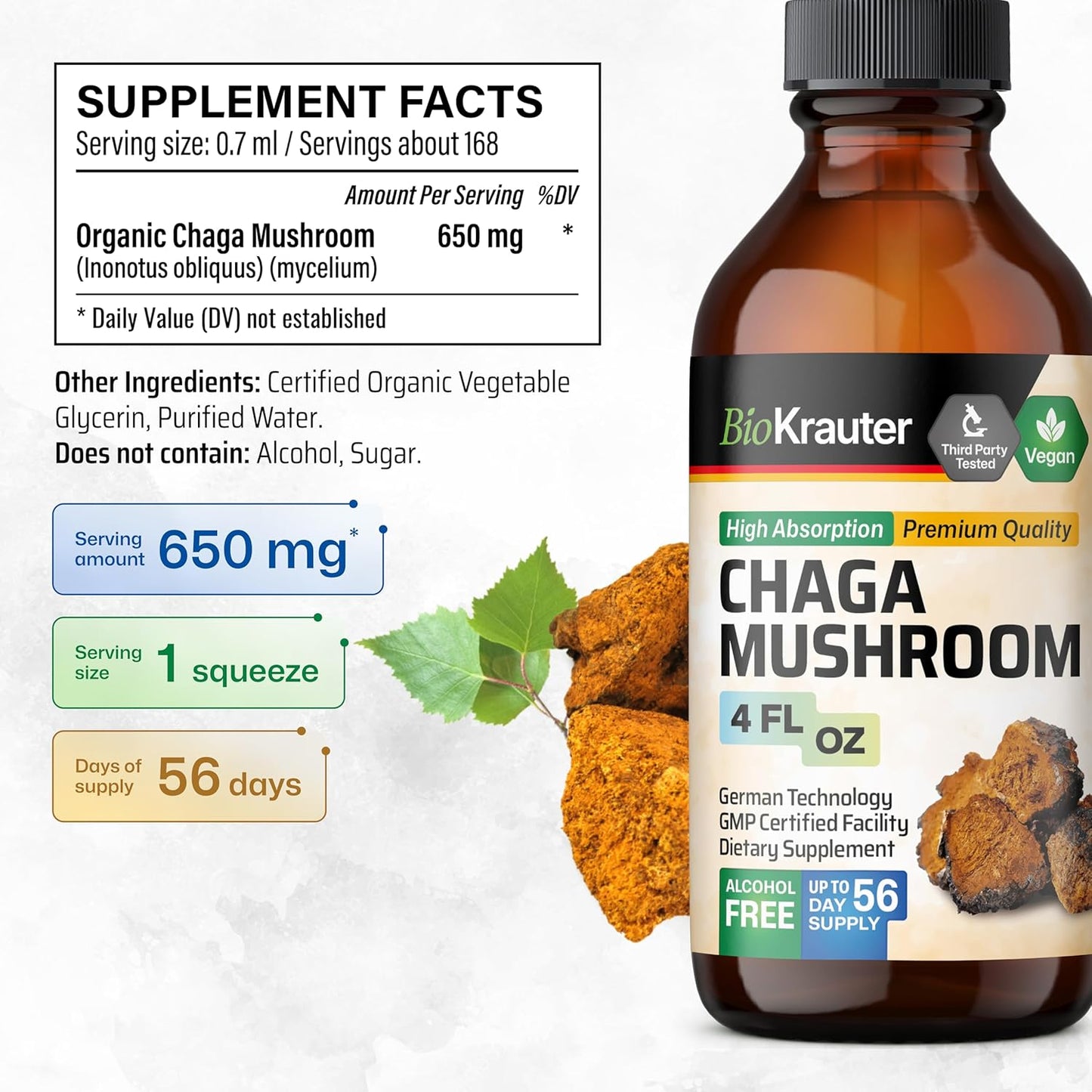 Organic Chaga Mushroom Extract Tincture - Immune Support Drops - Vegan & Sugar Free - 4 Fl.Oz.