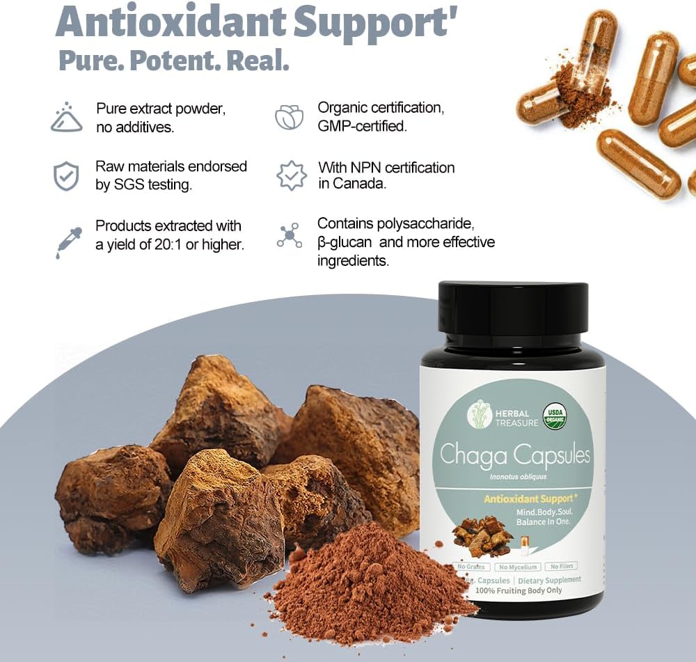 Organic Chaga Mushrooms Powder Capsules for Energy & Immune Support - 90 Caps - Herbal Treasure Herbal Supplement