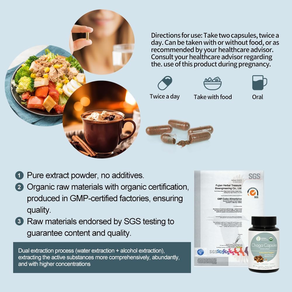 Organic Chaga Mushrooms Powder Capsules for Energy & Immune Support - 90 Caps - Herbal Treasure Herbal Supplement
