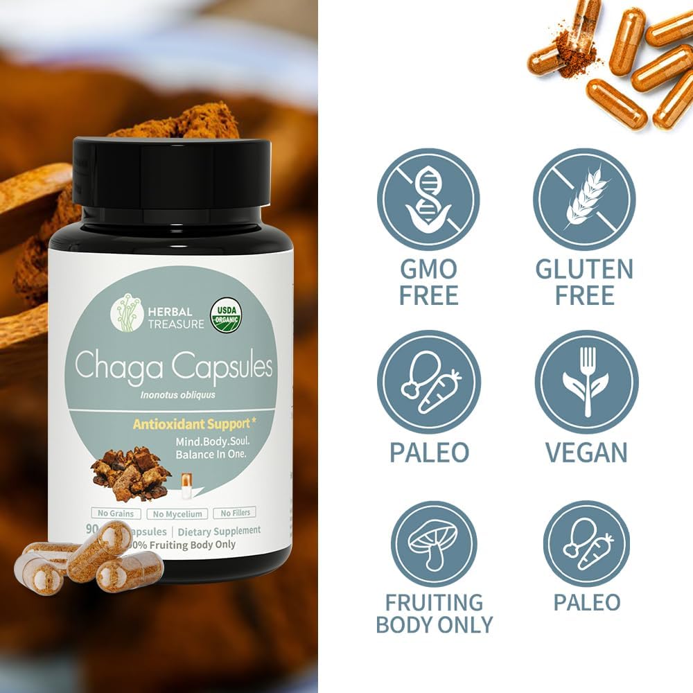 Organic Chaga Mushrooms Powder Capsules for Energy & Immune Support - 90 Caps - Herbal Treasure Herbal Supplement