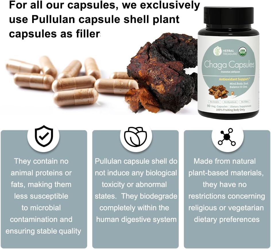 Organic Chaga Mushrooms Powder Capsules for Energy & Immune Support - 90 Caps - Herbal Treasure Herbal Supplement