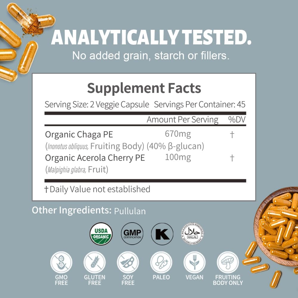 Organic Chaga Mushrooms Powder Capsules for Energy & Immune Support - 90 Caps - Herbal Treasure Herbal Supplement