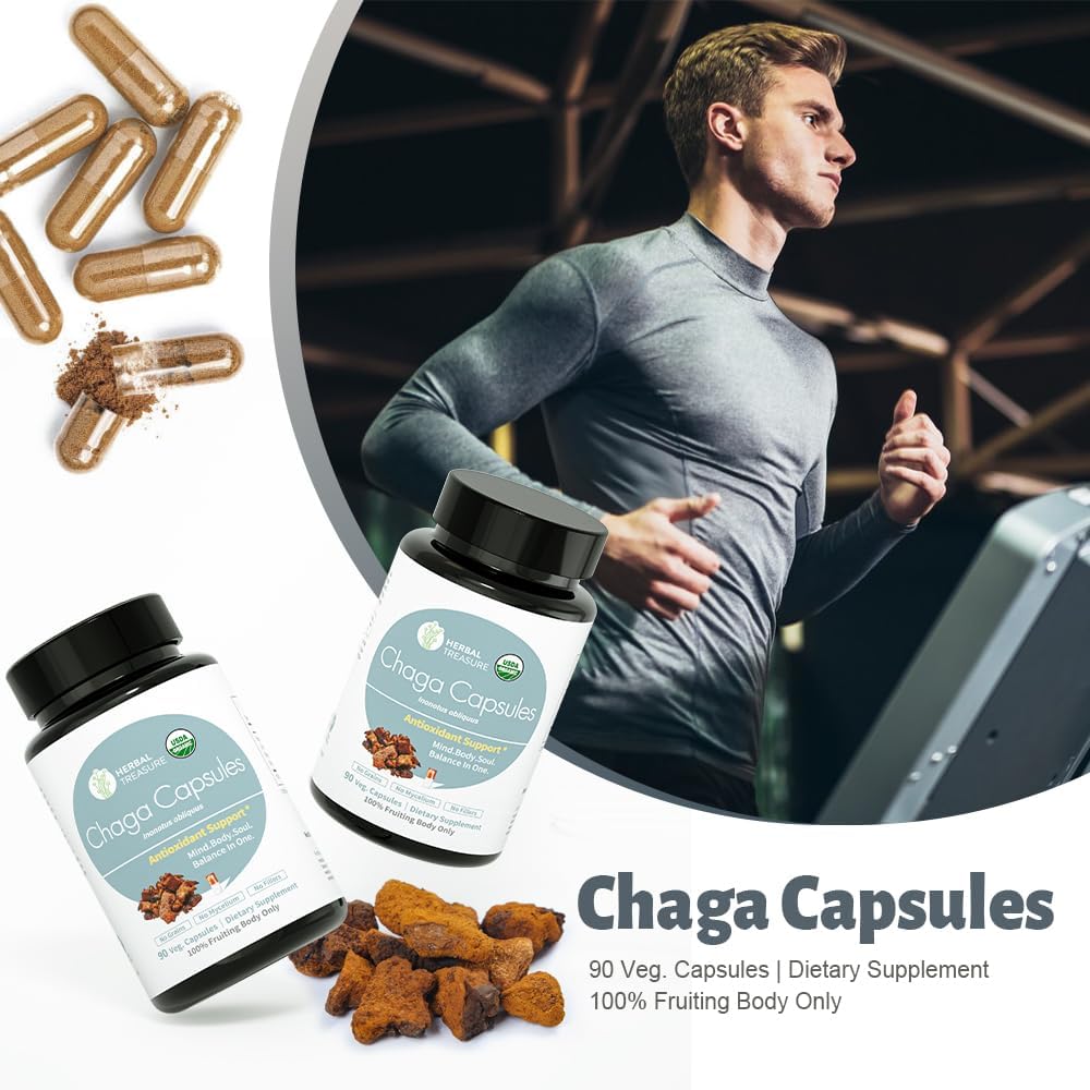 Organic Chaga Mushrooms Powder Capsules for Energy & Immune Support - 90 Caps - Herbal Treasure Herbal Supplement