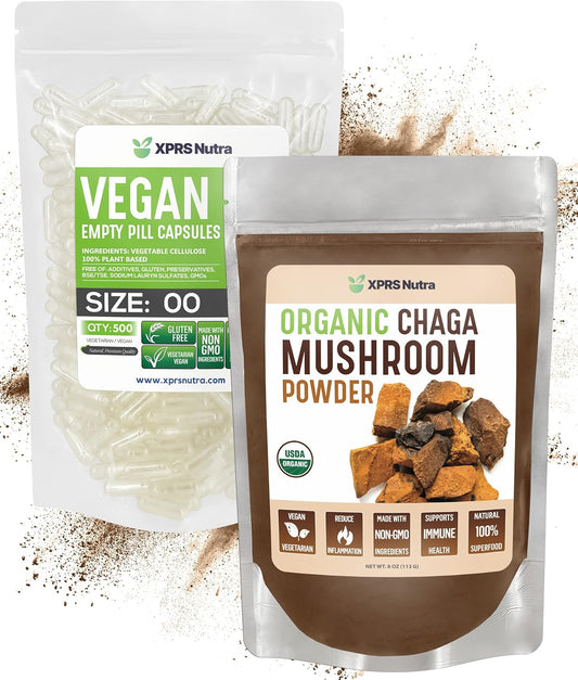 Organic Chaga Powder 8oz + 500 Size 00 Pre-Separated Empty Capsules - XPRS Nutra Bundle