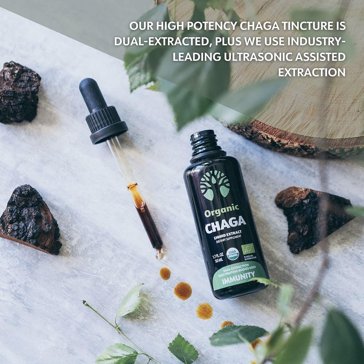 Organic Chaga Tincture - Fruiting Bodies - Antioxidant & Immune Support - 50 Servings