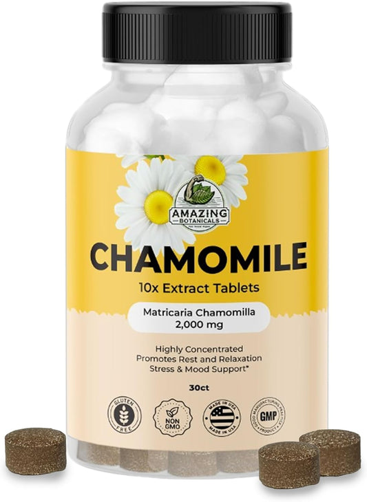 Organic Chamomile Extract Tablets - 10x Strength 2000 MG - Relaxation Supplement - 30 Plant-Based Tablets