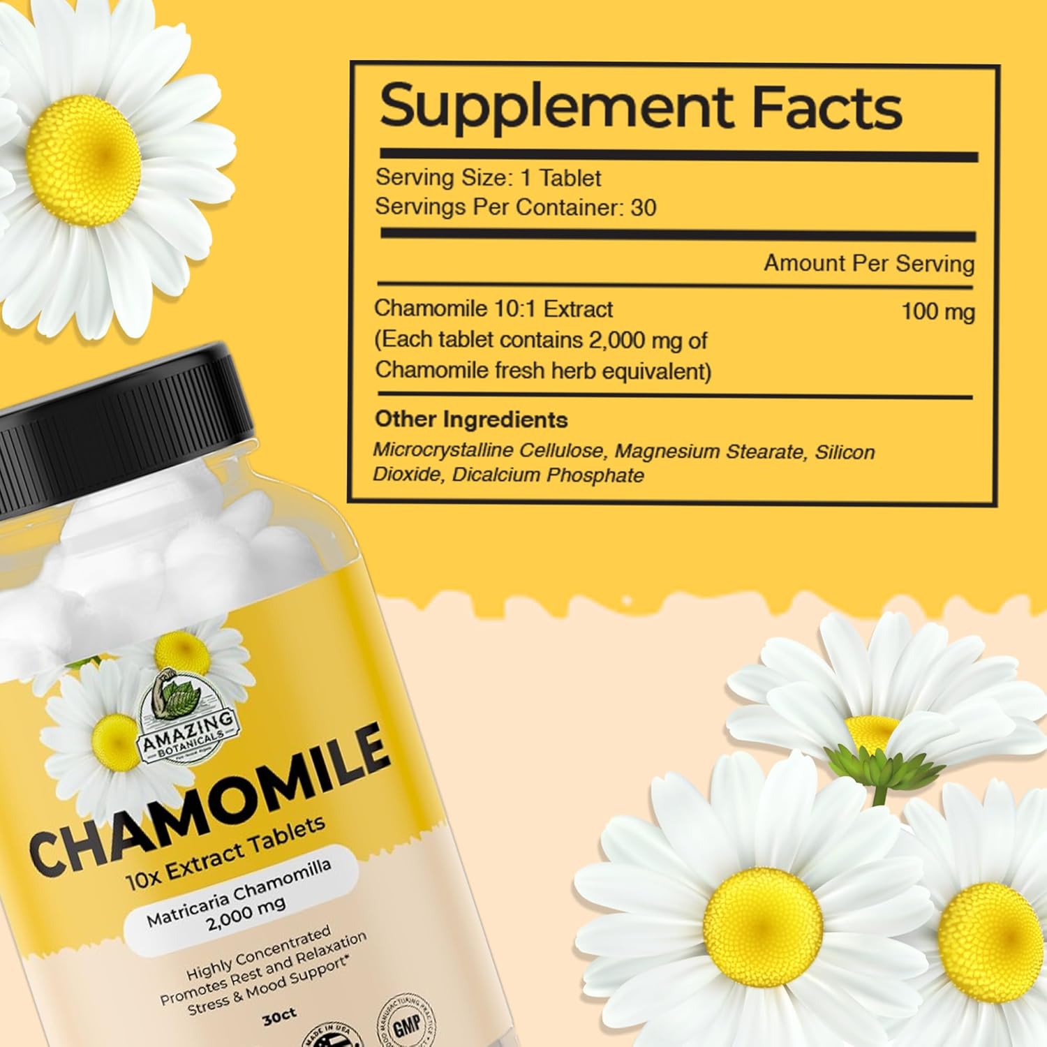 Organic Chamomile Extract Tablets - 10x Strength 2000 MG - Relaxation Supplement - 30 Plant-Based Tablets