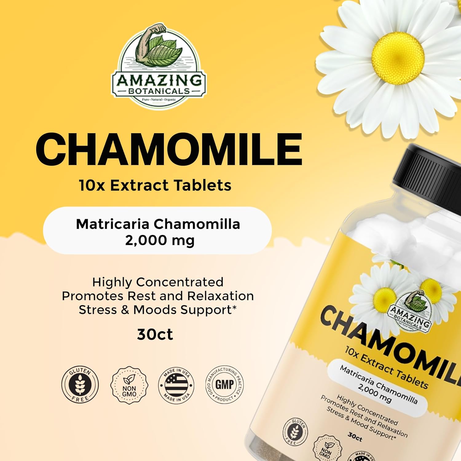 Organic Chamomile Extract Tablets - 10x Strength 2000 MG - Relaxation Supplement - 30 Plant-Based Tablets