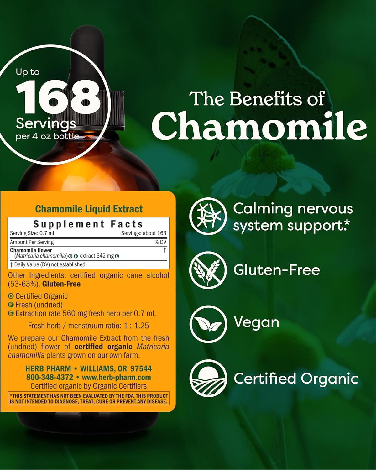 Organic Chamomile Liquid Extract for Calming Nervous System Support - 4 oz by Herb Pharm
